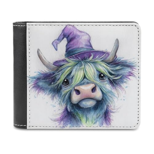 Cute Highland Cow Neon Green Soft PU Leather Bifold Wallet, Coin Purse Credit Pass Case, Durable Card-Holder Slim Billfold for Men Woman Money Storage
