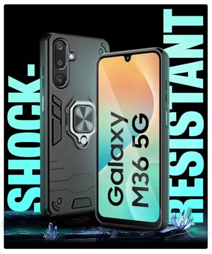 Image of WOW IMAGINE Shock Proof Back Case Mobile Cover for Samsung Galaxy M36 5G | Samsung Galaxy F36 5G | Back Cover Case (Tough Armor | Hybrid PC + TPU | Ring Holder & in-Built Kickstand | Black)