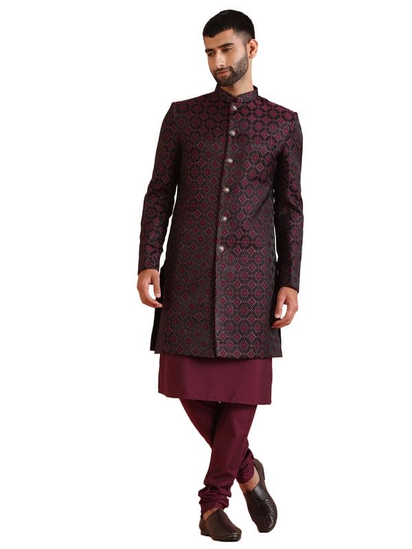 kisah Men's Indo-Western Kurta Sherwani Churidar Set, Olive Silk Blend, Jacquard Regular Fit Mandarin Collar Long Sleeves-picture-22