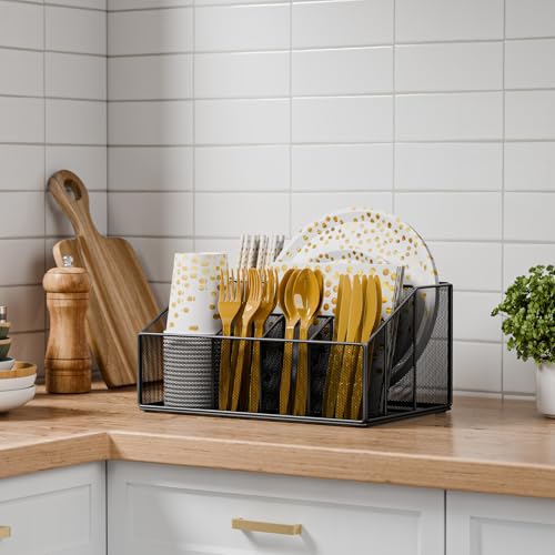 Hordely Metal Paper Plate Holders Dispenser, Disposable Paper Plate Utensils Holder for Party, Napkin Cups-Silverware Cutlery Holder Caddy for Kitchen Counter, Black