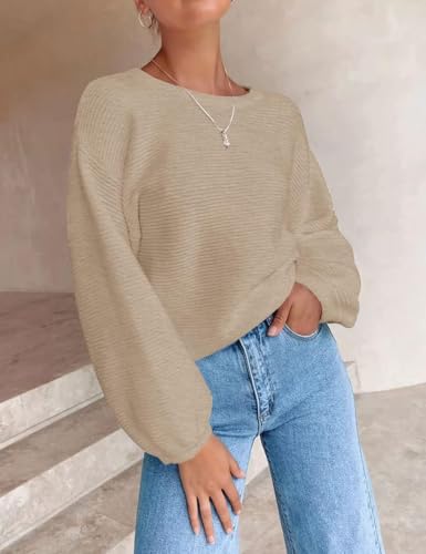 Image of ZESICA Women's Crew Neck Long Lantern Sleeve Fall 2026 Casual Loose Ribbed Knit Solid Soft Pullover Sweater Tops