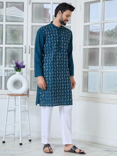 Image of See Designs Men's Full Sleeve Mandarin Collar Ethnic Motifs Embroidered Sequinned Mandarin Collar Straight Long Kurta with Pyjama - Festive Collection