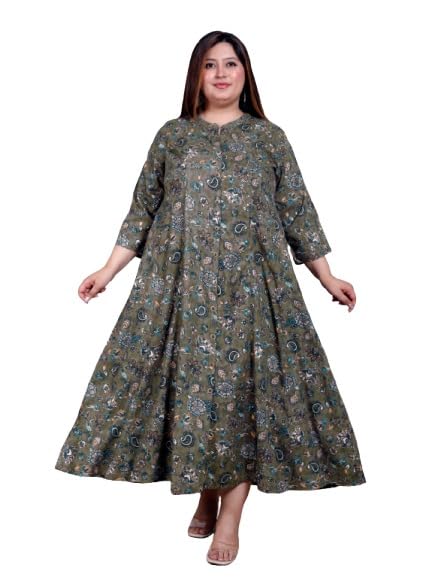 Swasti Women Goldn Print Cotton Blend Plus Size Front Slit Kurta Green