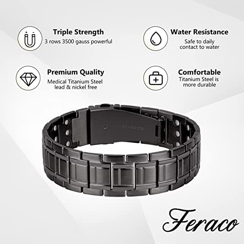 Feraco Magnetic Bracelets for Men, Titanium Steel Bracelets with 3X Ultra Strenth Neodymium Magnets, Adjustable Health Gift with Sizing Tool