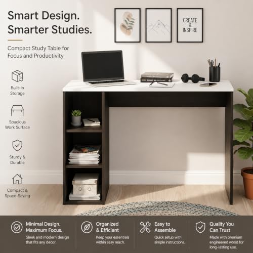 Image of FURNEASER Dettlet Engineered Wood Study Table with Side Storage Shelves, Space-Saving Computer & Laptop Desk for Home Office, Writing Workstation for Students (103x40cm)