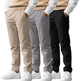 LessonZoo 3 Pack Boys' School Uniform Pants 6-14Y Elastic Waist Stretch Youth Trousers with Pockets Straight Fit for Kids(12-13 Years,Light Khaki, Light Gray, Black)