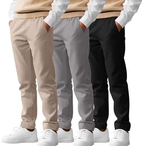 LessonZoo 3 Pack Boys' School Uniform Pants 6-14Y Elastic Waist Stretch Youth Trousers with Pockets Straight Fit for Kids(12-13 Years,Light Khaki, Light Gray, Black)