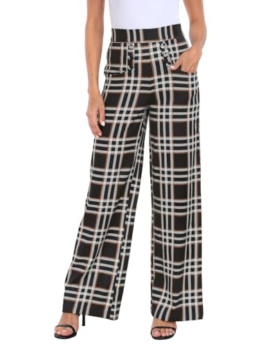 HDE Super High Waisted Wide Leg Pants Tailored Office Work Trousers with Pockets Fall Plaid - XL