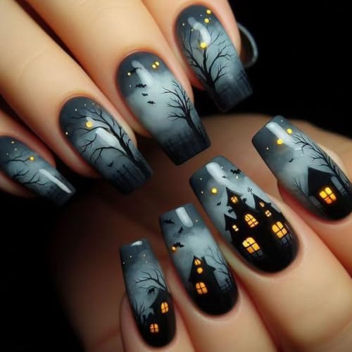 Halloween Press On Nails Medium Square Smoke Ombre Haunted House Bat Tree