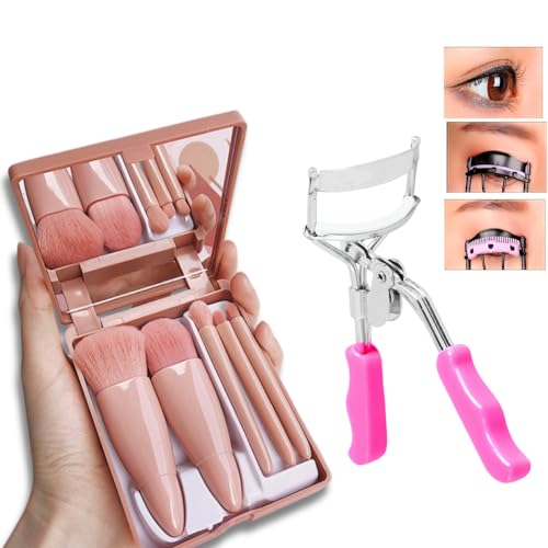 Kit De Maquiagem Com 5 Mini Pincéis Sintéticos E Estojo Compacto Com Espelho Rosa Para Bolsa E Ideal