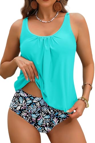 Yonique Two Piece Blouson Tankini Swimsuit for Women