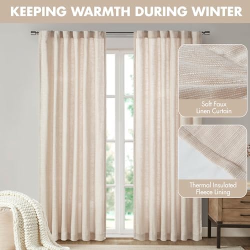 Image of Madison Park Linen Blend Curtain Window, Thermal Insulated Fleece Lining, Living Room Decor Light Filtering Drape for Bedroom, 1-Single Panel Pack Fits 1.25 inch Rod, Beals, 50x84 Rod Pocket Top, Natural
