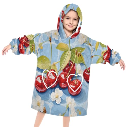 Pardick Wearable Blanket Hoodie for Kids, Unripe Cherry Fleece Sweatshirt Blanket Oversized Blanket Sweatshirt with Pocket Flannel Warm Hooded Blanket 6-10 Year Old Girl Boy Gift, One Size