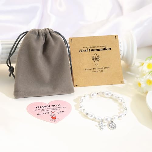 Image of BAYLAY First Communion Baptism Confirmation Gifts for Kids Girls - Cross Bracelet for Girls Pearl Bracelet First Communion Baptism Confirmation Bracelet