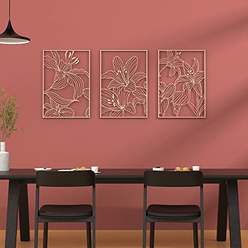 Putuo Decor 3 Pieces Rose Gold Metal Flowers Wall Decor, Modern Abstract Floral Line Wall Sculptures, Minimalist Hanging Wall Decor Living Room For Bedroom, Kitchen, Home Office Decoration, 11.8X17 Inches #TOP5