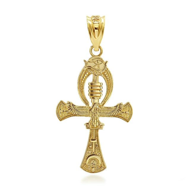 Egyptian Ankh Cross Eagle Eye of Horus Pendant 10K Yellow Gold