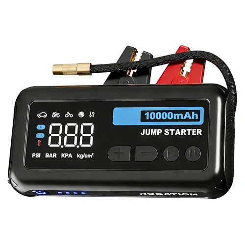ROGATION Jump Starter with 150PSI Air Compressor, 2000A Peak 12V Booster, 10000mAh Portable Car Battery Jump Starter, Up to 10L Gas/8L Diesel Engines, 33W Bidirectional Fast Charging Power Bank-Black