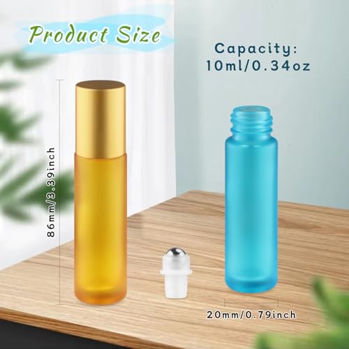 20 Pcs 10ml/0.34oz Frosted Glass Bottle Refillable Roller Bottles with Stainless Steel Roller Balls & Aluminum Screw Caps for Perfume Essential Oil Lip Gloss Travel - Multicolor2