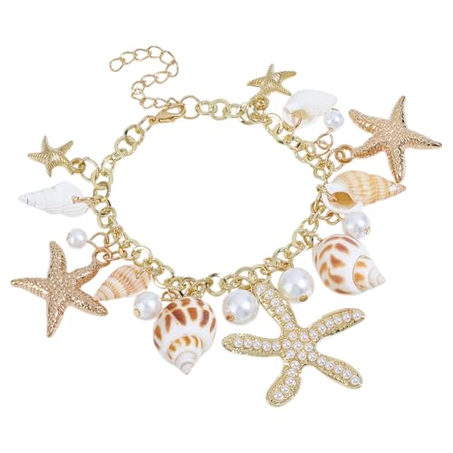 PH PandaHall Sea Shell Starfish Bracelets Boho Beach Bracelet Golden Shell Beads Anklet Pearl Charm Bracelet for Women Adjustable Hawaiian Jamaican Anklet Bracelets Jewelry Mermaid Costume Jewelry