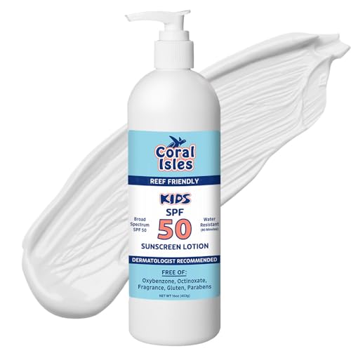 Coral Isles by Rocky Mountain Sunscreen | SPF 50 KIDS Lotion | Broad Spectrum UVA/UVB Protection | Hawaii Reef-Safe Act Compliant | Oxybenzone & Octinoxate Free | Water Resistant 80 Min. | 16 Fl Oz