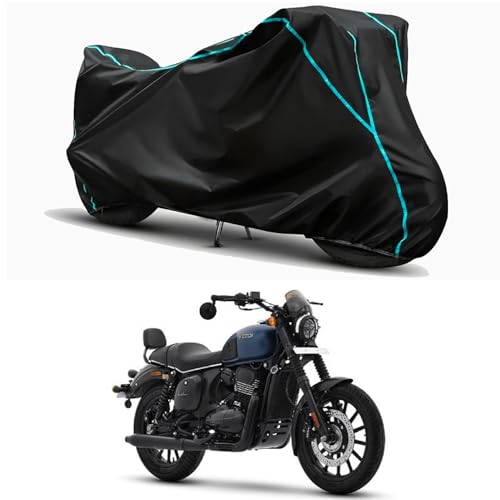 Image of Waterproof Bike Body Cover Compatible for | Yezdi Roadster Steel | Taffeta Fabric, Sky Piping Design, Bottom Elastic Fit | Dustproof, Sun UV & Rain Protection for All Weather.
