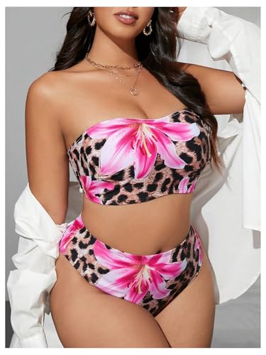 Women's Plus Size Floral Leopard Bandeau Swimsuits High Waisted Bikini Set 2 Piece Bathing Suits2