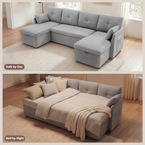 Image of Huatean Home Oversized Sleeper Sofa Couch, 100 inch 2 in 1 Pullout Couch Bed with Side Pockets for Living Room, Sectional Sleeper Sofa Bed with Double Storage Chaise, LightGrey