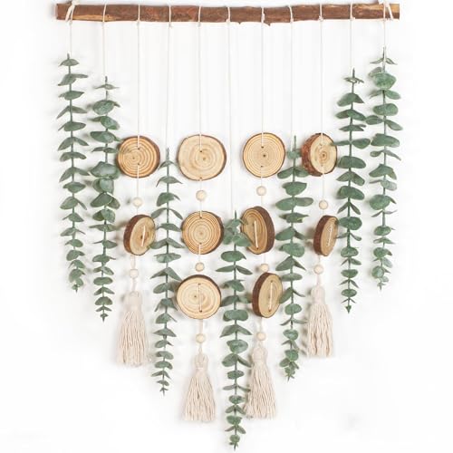 Rustic Boho Wall Hanging Decor, Faux Eucalyptus Stems with Wood