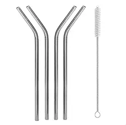 kit de Canudos de Inox Reutilizáveis Sustentáveis Quatro Curvos com Pincel de Limpeza