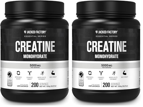 Image of Jacked Factory Creatine Monohydrate Powder 1000g - 5g Daily Creatine Supplement for Men and Women, Vegan-Friendly, Third-Party Tested - 200 Servings, Unflavored (Pack of 2)
