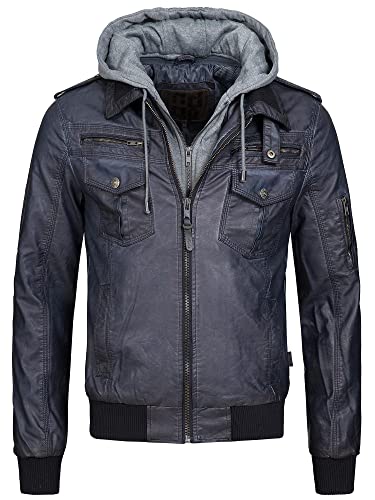 Indicode Hommes Aaron Veste en Cuir avec Capuche Amovible Navy X-Large