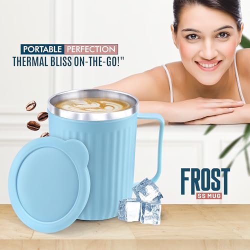 Image of Trueware Frost Unbreakable Mugs With Cap Stainless Steel Plastic Covered Travel Mug With Lid For Tea, Coffee, Milk, 400 ml