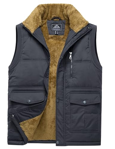 TACVASEN Gilet for Men Winter Body Warmer Hiking Outerwear Gilets Sleeveless Fleece Waterproof Jackets with Pockets Dark Grey L