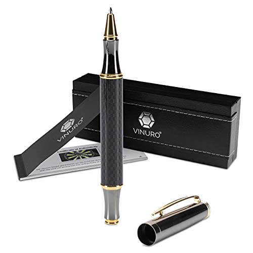 VINURO® Kallisto I edler Tintenroller mit blauer Mine I aus Metall und Carbon I in Gold und Grau I in edlem Etui I Geschenk für Weihnachten, Bachelor Cover