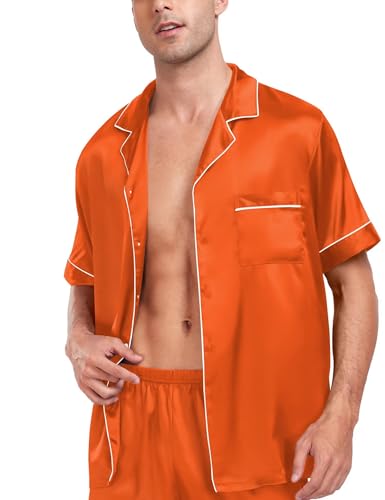 Image of SWOMOG Men Satin Silk Pajamas Sets Short Sleeve Sleepwear Button-Down PJs Sets Two-Pieces Loungewear with Pockets