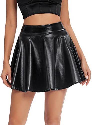 Urban CoCo Women's Shiny Flared Pleated Mini Skater Skirt
