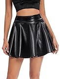 Urban CoCo Women's Shiny Flared Pleated Mini Skater Skirt (M, Black)