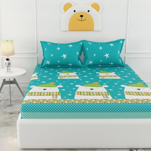 Image of LORETO - A QUALITY LINEN BRAND 186 TC 100% Pure Cotton Double /Queen Fitted Bedsheet with 2 Pillow Covers for 78 x 60 Inch Mattress, All-Around Elastic, 8 Inch Deep Pocket, Teal Bear