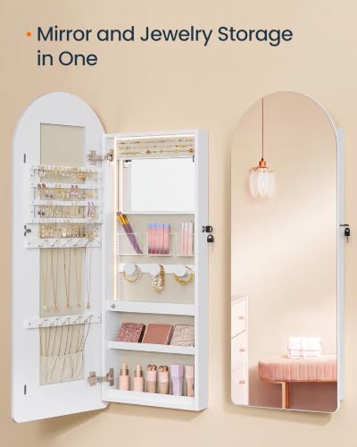 Image of SONGMICS HOME Over the Door Mirror Jewelry Cabinet, Lockable Jewelry Armoire with Arch Mirror, Wall Mounted Organizer with Inner Mirror and LED Lights, 16.7 x 4.1 x 42.7 inches, Cloud White and Tan