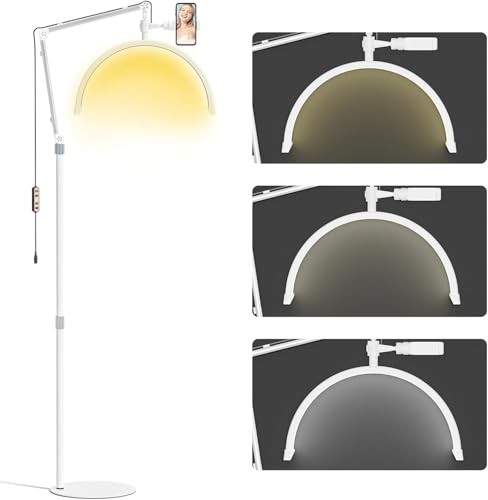 HomdMarket Half Moon Floor Lash Light for Eyelash Extensions Desk Lamp Esthetician Light for Tattoo Artists, Nail Tech, Eyelash Lamp with Phone Holder | 3000-6000K | 10 Brightness Adjustable (White)