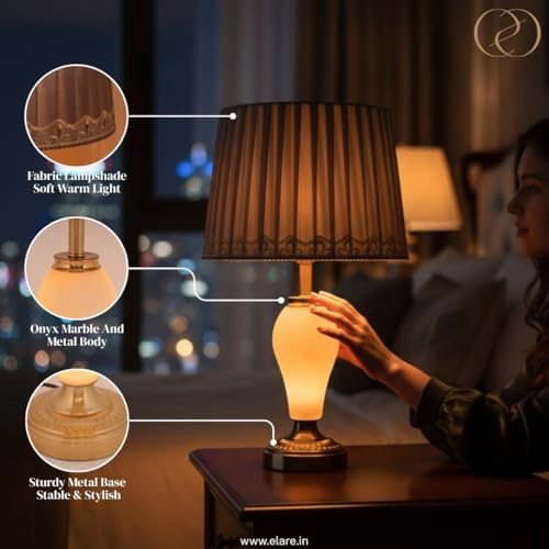 Image of ELARE Classic Brass Finish Table Lamp with Silver-Grey Pleated Fabric Shade & Decorative Trim | Luxury Bedside Night Lamp for Bedroom & Living Room | Modern Decorative Table Light for Home Decor