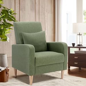 COLAMY Modern Upholstered Accent Chair Armchair with Pillow, Fabric Reading Living Room Side Chair,Single Sofa with Lounge Seat and Wood Legs, F-Green