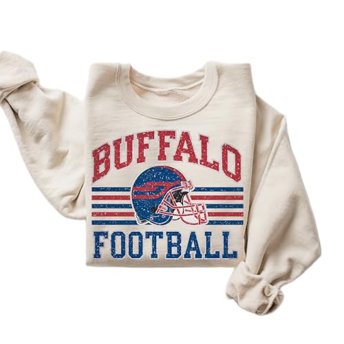 DAYLEA Distressed Buffalo Football Sweatshirt Retro Collegiate Helmet Graphic Pullover | Vintage Cozy Game Day Crewneck for Women (Sand Medium)