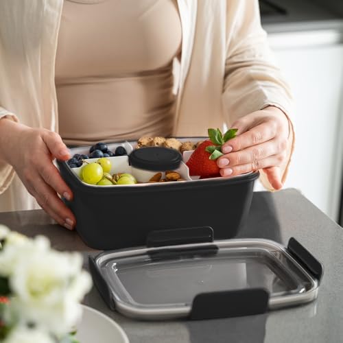 Bugucat Lunchbox Erwachsene 2000ML,Auslaufsichere Brotdose Erwachsene Bento Box mit Fächern für Kinder,Salatbehälter Salatbox to Go mit Gabel,Brotdose Frühstücksbox für Schule Picknick,Schwarz 6