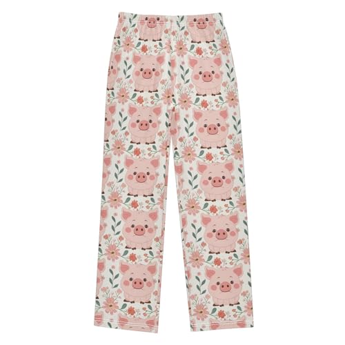 Cute Pig with Flower Pajamas Bottoms with Pockets Comfy Pjs Sleepwear Elastic Waistband Pajamas Pants Lounge Pants for 6-14 Years