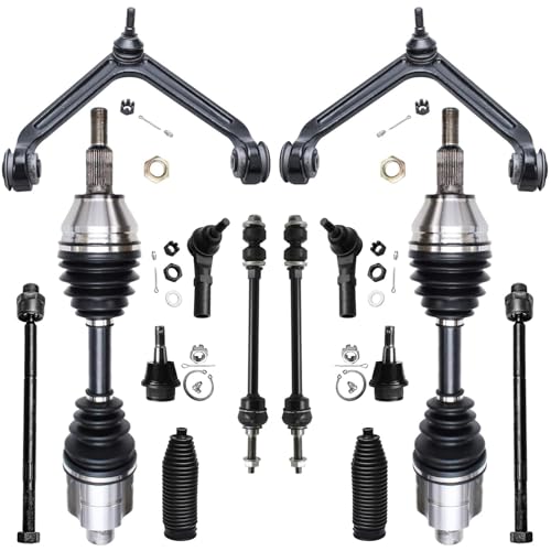 Image of Detroit Axle - 4WD Front 14pc Suspension Kit for 2002-2005 Dodge Ram 1500 2003 2004, 2 Upper Control Arms w /Ball Joints, 2 Lower Ball Joints, 2 CV Axles, 4 Tie Rods, 2 Sway Bars, 2 Boots, Replacement