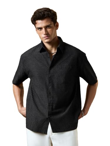 Chemise surdimensionnée homme manches courtes col large coton noir solide