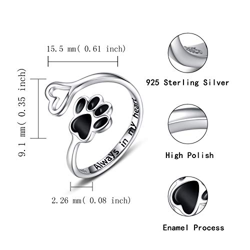 Puppy Lovers Paw Print Heart 925 Sterling Silver Adjustable Ring - Pet Animal Jewelry Creative Pierced Love Dog Cat Claw Ring - Gift for Pet Loving Friends and Families4