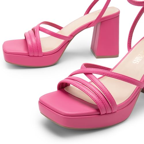 DREAM PAIRS Strappy Heels for Women Platform Chunky High 3-inch Heeled Sandals with Square Open Toe Ankle Buckle for Graduation Party Prom Daily Wedding,Size 8.5,Hot Pink-Pu,SDHS2454W