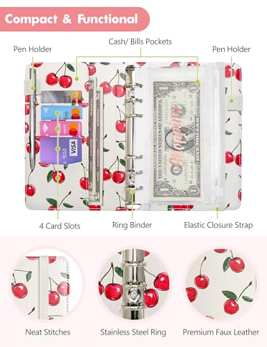 Image of A6 Budget Binder for Money Saving, PU Leather Budget Planner with 8 Cash Envelopes, Budget Sheets & Rose Gold Category Stickers, Money Organizer for Cash (Cherry Cream)